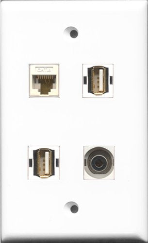 RiteAV - 2 Port USB A-A and 1 Port 3.5mm and 1 Port Cat6 Ethernet White Wall Plate