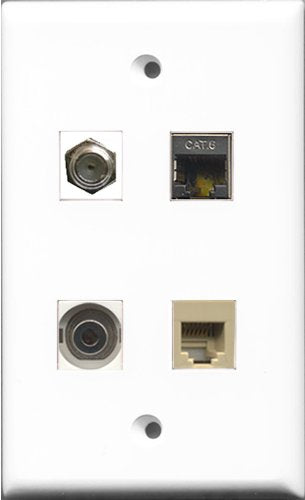 RiteAV 1 Port Coax Cable TV- F-Type and 1 Port Phone RJ11 RJ12 Beige and 1 Port Shielded Cat6 Ethernet and 1 Port 3.5mm Wall Plate