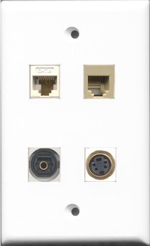 RiteAV 1 Port Phone RJ11 RJ12 Beige and 1 Port S-Video and 1 Port Toslink and 1 Port Cat6 Ethernet White Wall Plate