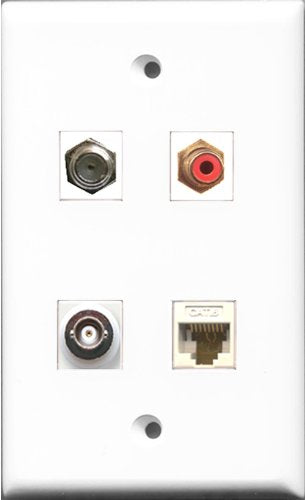 RiteAV 1 Port RCA Red and 1 Port Coax Cable TV- F-Type and 1 Port BNC and 1 Port Cat6 Ethernet White Wall Plate