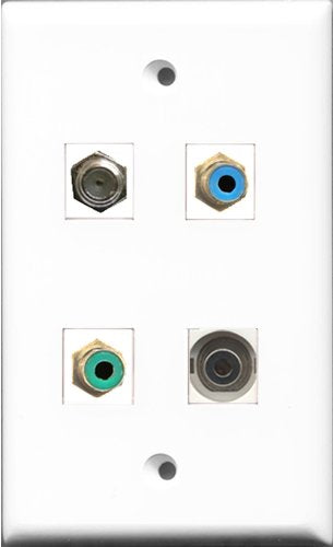 RiteAV 1 Port RCA Green and 1 Port RCA Blue and 1 Port Coax Cable TV- F-Type and 1 Port 3.5mm Wall Plate