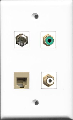 RiteAV 1 Port RCA White and 1 Port RCA Green and 1 Port Coax Cable TV- F-Type and 1 Port Phone RJ11 RJ12 Beige Wall Plate