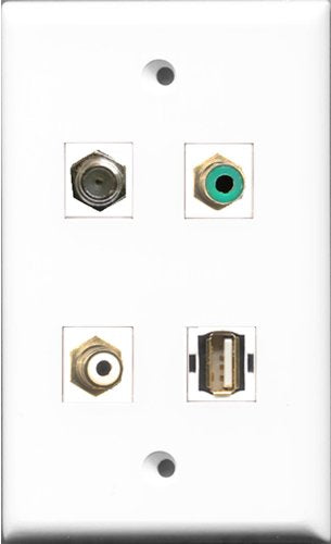 RiteAV 1 Port RCA White and 1 Port RCA Green and 1 Port Coax Cable TV- F-Type and 1 Port USB A-A Wall Plate