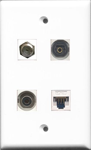 RiteAV 1 Port Coax Cable TV- F-Type and 1 Port Toslink and 1 Port 3.5mm and 1 Port Cat5e Ethernet White Wall Plate