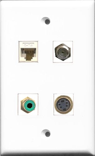 RiteAV 1 Port RCA Green and 1 Port Coax Cable TV- F-Type and 1 Port S-Video and 1 Port Cat6 Ethernet White Wall Plate