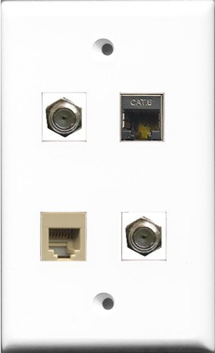 RiteAV - 2 Port Coax Cable TV- F-Type and 1 Port Phone RJ11 RJ12 Beige and 1 Port Shielded Cat6 Ethernet Wall Plate
