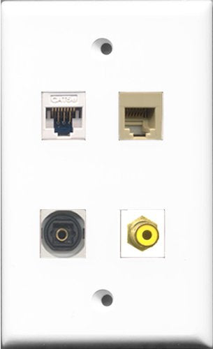 RiteAV 1 Port RCA Yellow and 1 Port Phone RJ11 RJ12 Beige and 1 Port Toslink and 1 Port Cat5e Ethernet White Wall Plate