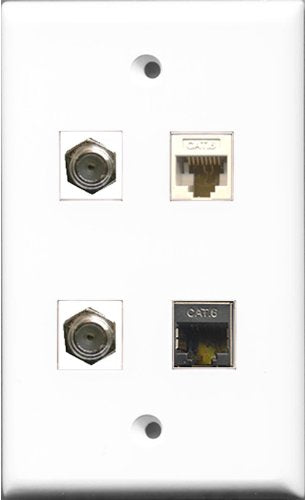 RiteAV - 2 Port Coax Cable TV- F-Type and 1 Port Shielded Cat6 Ethernet and 1 Port Cat6 Ethernet White Wall Plate
