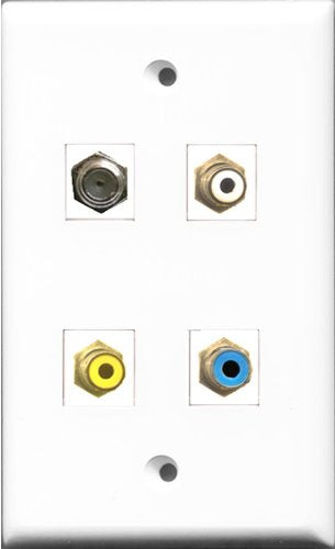 RiteAV 1 Port RCA White and 1 Port RCA Yellow and 1 Port RCA Blue and 1 Port Coax Cable TV- F-Type Wall Plate
