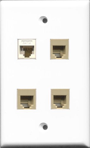 RiteAV - 3 Port Phone RJ11 RJ12 Beige and 1 Port Cat6 Ethernet White Wall Plate