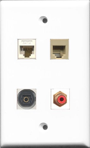 RiteAV 1 Port RCA Red and 1 Port Phone RJ11 RJ12 Beige and 1 Port Toslink and 1 Port Cat6 Ethernet White Wall Plate