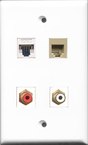 RiteAV 1 Port RCA Red and 1 Port RCA White and 1 Port Phone RJ11 RJ12 Beige and 1 Port Cat5e Ethernet White Wall Plate
