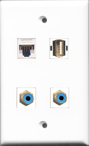 RiteAV - 2 Port RCA Blue and 1 Port USB A-A and 1 Port Cat5e Ethernet White Wall Plate