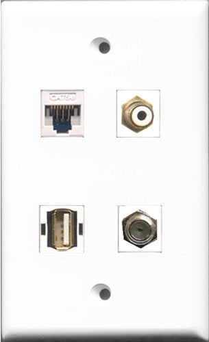 RiteAV 1 Port RCA White and 1 Port Coax Cable TV- F-Type and 1 Port USB A-A and 1 Port Cat5e Ethernet White Wall Plate
