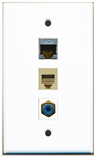 RiteAV - 1 Port RCA Blue and 1 Port Phone RJ11 RJ12 Beige and 1 Port Shielded Cat6 Ethernet Wall Plate