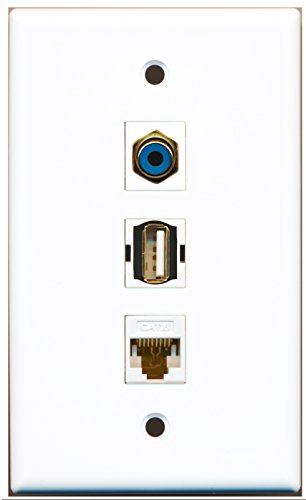 RiteAV - 1 Port RCA Blue and 1 Port USB A-A and 1 Port Cat6 Ethernet White Wall Plate