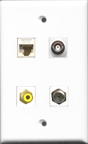 RiteAV 1 Port RCA Yellow and 1 Port Coax Cable TV- F-Type and 1 Port BNC and 1 Port Cat6 Ethernet White Wall Plate