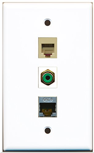 RiteAV - 1 Port RCA Green and 1 Port Phone RJ11 RJ12 Beige and 1 Port Shielded Cat6 Ethernet Wall Plate