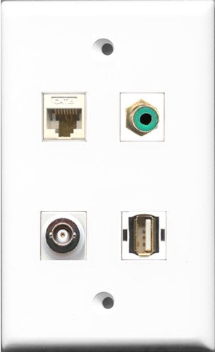 RiteAV 1 Port RCA Green and 1 Port USB A-A and 1 Port BNC and 1 Port Cat6 Ethernet White Wall Plate