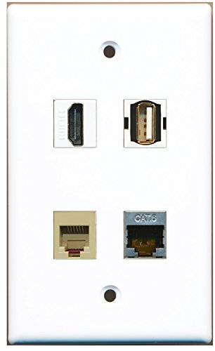 RiteAV - 1 Port HDMI 1 Port USB A-A 1 Port Phone RJ11 RJ12 Beige 1 Port Shielded Cat6 Ethernet Wall Plate