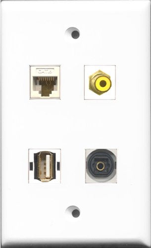 RiteAV 1 Port RCA Yellow and 1 Port USB A-A and 1 Port Toslink and 1 Port Cat6 Ethernet White Wall Plate