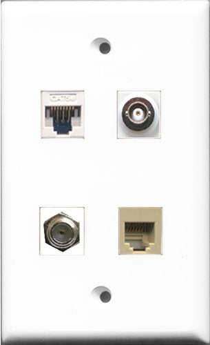RiteAV - 1 Port Coax Cable TV- F-Type and 1 Port Phone RJ11 RJ12 Beige and 1 Port BNC and 1 Port Cat5e Ethernet White Wall Plate