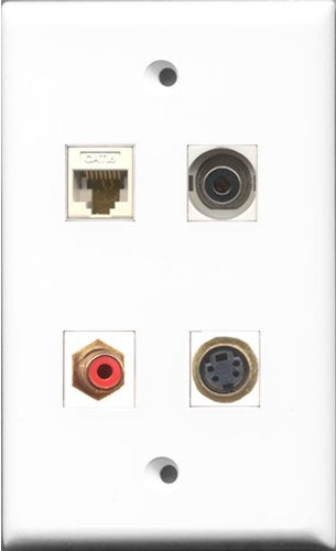RiteAV 1 Port RCA Red and 1 Port S-Video and 1 Port 3.5mm and 1 Port Cat6 Ethernet White Wall Plate