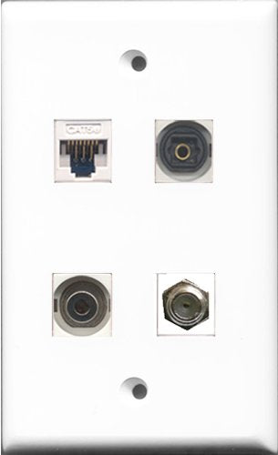 RiteAV 1 Port Coax Cable TV- F-Type and 1 Port Toslink and 1 Port 3.5mm and 1 Port Cat5e Ethernet White Wall Plate