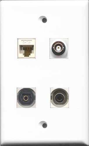RiteAV 1 Port Toslink and 1 Port 3.5mm and 1 Port BNC and 1 Port Cat6 Ethernet White Wall Plate