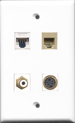 RiteAV 1 Port RCA White and 1 Port Phone RJ11 RJ12 Beige and 1 Port S-Video and 1 Port Cat5e Ethernet White Wall Plate