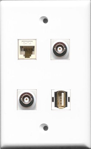 RiteAV 1 Port USB A-A 2 Port BNC and 1 Port Cat6 Ethernet White Wall Plate