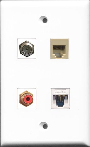 RiteAV 1 Port RCA Red and 1 Port Coax Cable TV- F-Type and 1 Port Phone RJ11 RJ12 Beige and 1 Port Cat5e Ethernet White Wall Plate