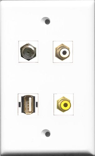 RiteAV 1 Port RCA White and 1 Port RCA Yellow and 1 Port Coax Cable TV- F-Type and 1 Port USB A-A Wall Plate