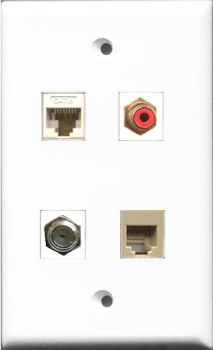 RiteAV 1 Port RCA Red and 1 Port Coax Cable TV- F-Type and 1 Port Phone RJ11 RJ12 Beige and 1 Port Cat6 Ethernet White Wall Plate