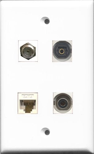 RiteAV 1 Port Coax Cable TV- F-Type and 1 Port Toslink and 1 Port 3.5mm and 1 Port Cat6 Ethernet White Wall Plate