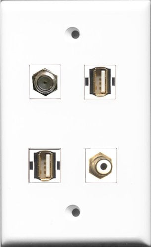RiteAV 1 Port RCA White and 1 Port Coax Cable TV- F-Type and 1 Port USB A-A and 1 Port Shielded Cat6 Ethernet Wall Plate