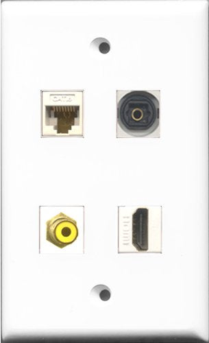 RiteAV 1 Port HDMI and 1 Port RCA Yellow and 1 Port Toslink and 1 Port Cat6 Ethernet White Wall Plate