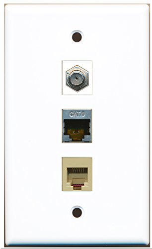 RiteAV - 1 Port Coax Cable TV- F-Type and 1 Port Phone RJ11 RJ12 Beige and 1 Port Shielded Cat6 Ethernet Wall Plate
