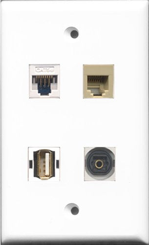 RiteAV 1 Port USB A-A and 1 Port Phone RJ11 RJ12 Beige and 1 Port Toslink and 1 Port Cat5e Ethernet White Wall Plate