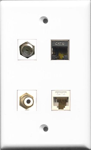 RiteAV 1 Port RCA White and 1 Port Coax Cable TV- F-Type and 1 Port Shielded Cat6 Ethernet and 1 Port Cat6 Ethernet White Wall Plate