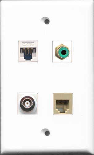 RiteAV 1 Port RCA Green and 1 Port Phone RJ11 RJ12 Beige and 1 Port BNC and 1 Port Cat5e Ethernet White Wall Plate