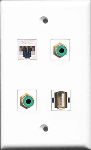 RiteAV - 2 Port RCA Green and 1 Port USB A-A and 1 Port Cat5e Ethernet White Wall Plate
