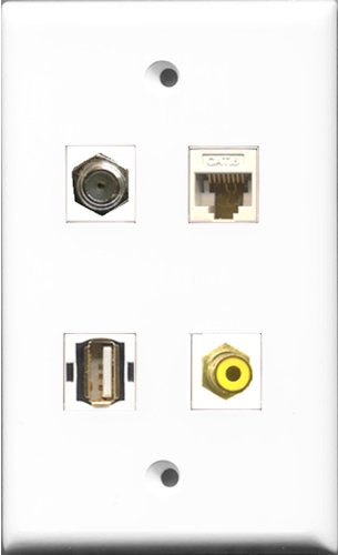 RiteAV 1 Port RCA Yellow and 1 Port Coax Cable TV- F-Type and 1 Port USB A-A and 1 Port Cat6 Ethernet White Wall Plate