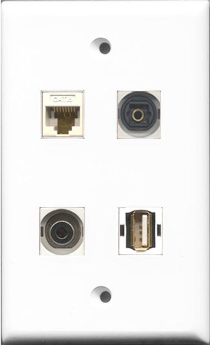 RiteAV 1 Port USB A-A and 1 Port Toslink and 1 Port 3.5mm and 1 Port Cat6 Ethernet White Wall Plate