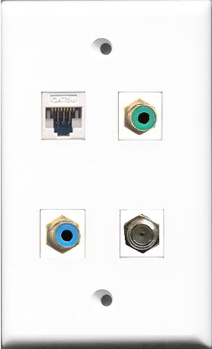 RiteAV 1 Port RCA Green and 1 Port RCA Blue and 1 Port Coax Cable TV- F-Type and 1 Port Cat5e Ethernet White Wall Plate