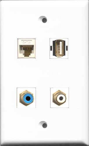 RiteAV 1 Port RCA White and 1 Port RCA Blue and 1 Port USB A-A and 1 Port Cat6 Ethernet White Wall Plate