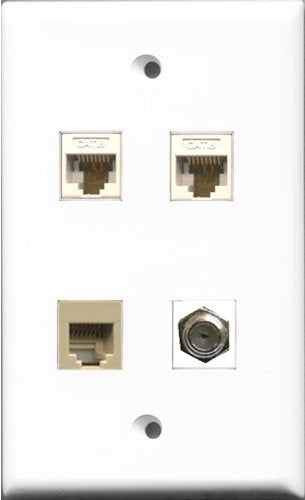 RiteAV 1 Port Coax Cable TV- F-Type and 1 Port Phone RJ11 RJ12 Beige 2 Port Cat6 Ethernet White Wall Plate
