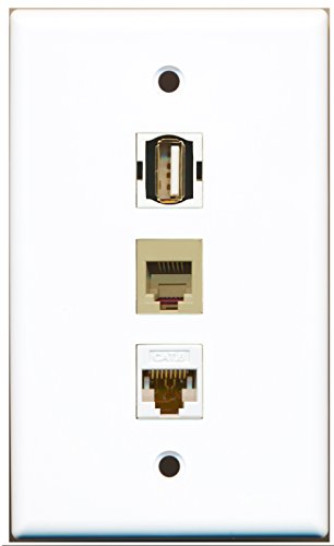 RiteAV - 1 Port USB A-A and 1 Port Phone RJ11 RJ12 Beige and 1 Port Cat6 Ethernet White Wall Plate