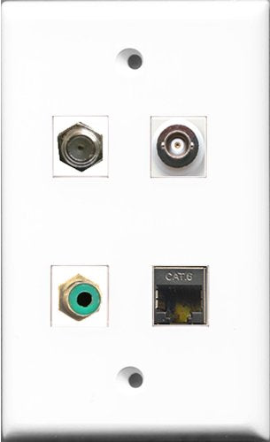 RiteAV 1 Port RCA Green and 1 Port Coax Cable TV- F-Type and 1 Port Shielded Cat6 Ethernet and 1 Port BNC Wall Plate