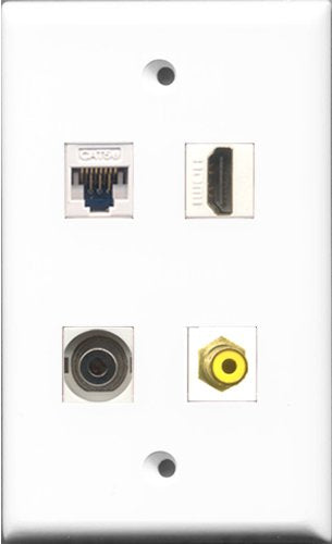 RiteAV - 1 Port HDMI and 1 Port RCA Yellow and 1 Port 3.5mm and 1 Port Cat5e Ethernet White Wall Plate